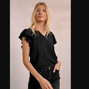 Molly Bracken La Soir Black Ruffle Texture Top / Blouse